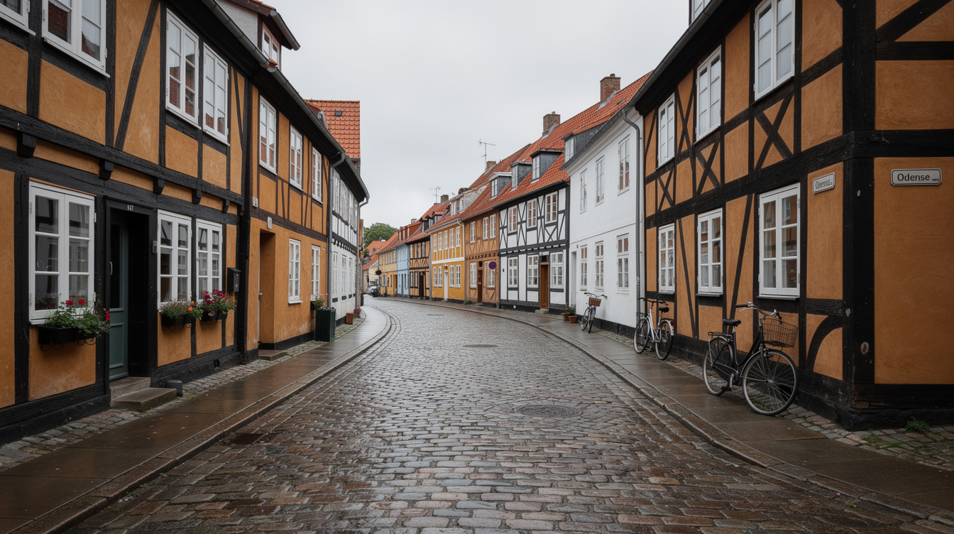 Cobblestone street in old town Odense Denmark with historic houses