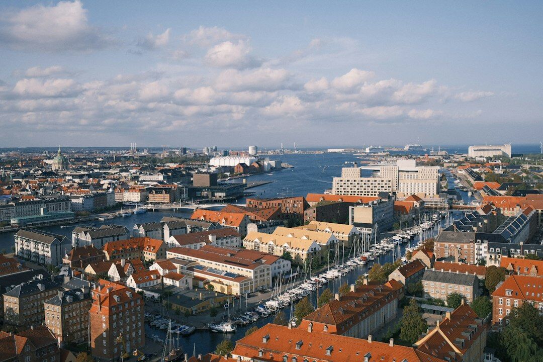 Aerial view of Copenhagen harbor with colorful waterfront buildings