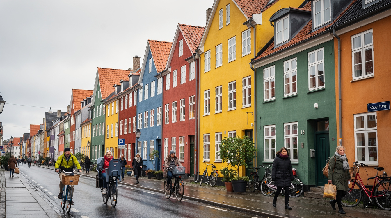 Colorful houses on a Danish street with people walking