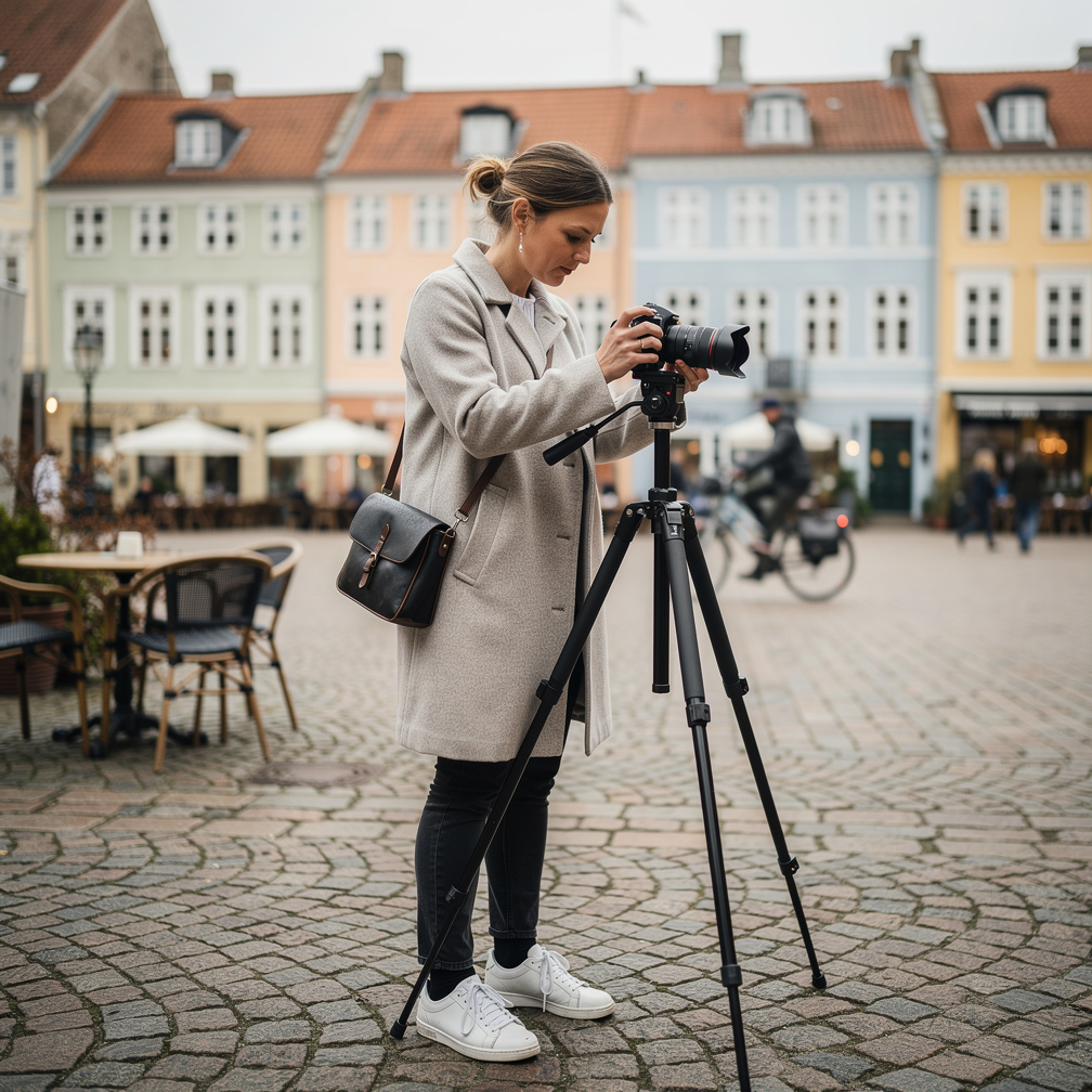 Photographer adjusting a camera on a tripod outdoors